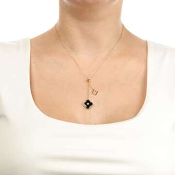 Lavari Jewelers Black Onyx and Cubic Zirconia Double Flower Pendant Necklace for Women - Yellow Gold...