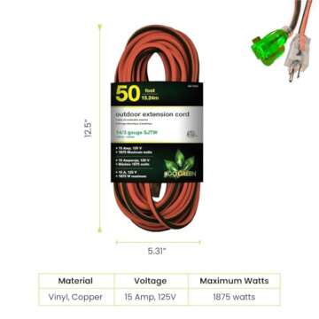 Go Green Power Inc. 14/3 50ft Outdoor Lighted Extension Cord - Heavy Duty, Contractor Grade, Moistur...