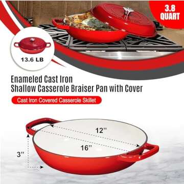 Bruntmor 3.8 Quart Enamel Cast Iron Dutch Oven - Crock Pot with Loop Handles and Lid - Versatile Cas...