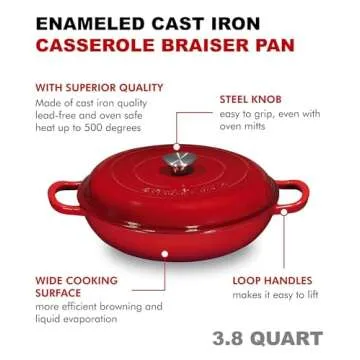 Bruntmor 3.8 Quart Enamel Cast Iron Dutch Oven - Crock Pot with Loop Handles and Lid - Versatile Cast Iron Skillet with Cover - Shallow Cookware Braising Pan for Casserole Dish - Gradient Red