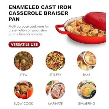 Bruntmor 3.8 Quart Enamel Cast Iron Dutch Oven - Crock Pot with Loop Handles and Lid - Versatile Cast Iron Skillet with Cover - Shallow Cookware Braising Pan for Casserole Dish - Gradient Red