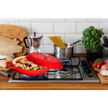 Bruntmor 3.8 Quart Enamel Cast Iron Dutch Oven - Crock Pot with Loop Handles and Lid - Versatile Cast Iron Skillet with Cover - Shallow Cookware Braising Pan for Casserole Dish - Gradient Red