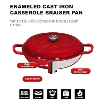 Bruntmor 3.8 Quart Enamel Cast Iron Dutch Oven - Crock Pot with Loop Handles and Lid - Versatile Cast Iron Skillet with Cover - Shallow Cookware Braising Pan for Casserole Dish - Gradient Red