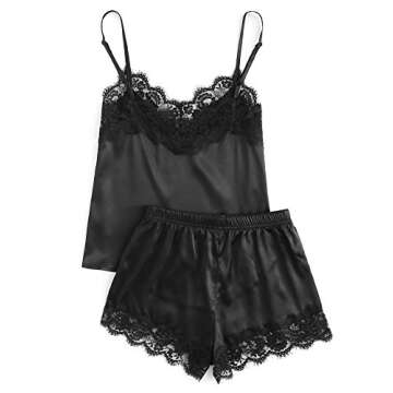 MakeMeChic Women's Lace Satin Sleepwear Cami Top and Shorts Pajama Set Black S