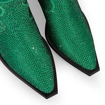 Onlymaker Women's Rhinestone Cowboy Ankle Boots Pointed Toe Chunky Block Heel Studded Pull Up Cowgirl Western Ankle Booties Green Size 12