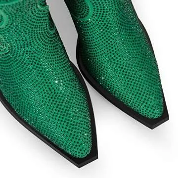 Onlymaker Women's Rhinestone Cowboy Ankle Boots Pointed Toe Chunky Block Heel Studded Pull Up Cowgirl Western Ankle Booties Green Size 12