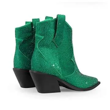 Onlymaker Women's Rhinestone Cowboy Ankle Boots Pointed Toe Chunky Block Heel Studded Pull Up Cowgirl Western Ankle Booties Green Size 12