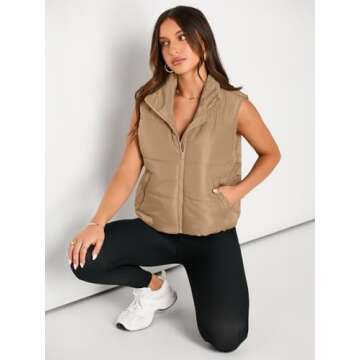 AUTOMET Puffer Vest Women Sleeveless Winter Cropped Outerwear Warm Puffer Lightweight Stand-up Collar Down with Pockets Khaki S