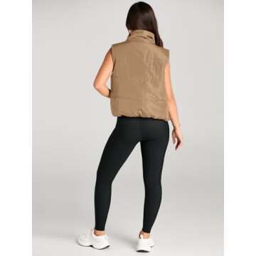 AUTOMET Puffer Vest Women Sleeveless Winter Cropped Outerwear Warm Puffer Lightweight Stand-up Collar Down with Pockets Khaki S