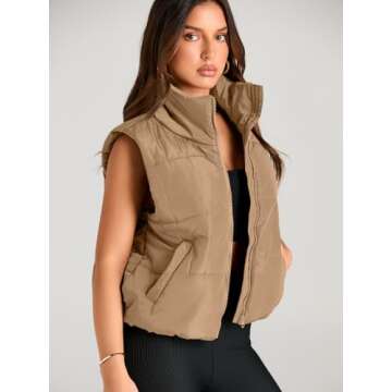 AUTOMET Puffer Vest Women Sleeveless Winter Cropped Outerwear Warm Puffer Lightweight Stand-up Collar Down with Pockets Khaki S