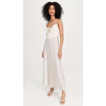 WAYF Women's Lace Trim Slip Dress, Pewter, Off White, L