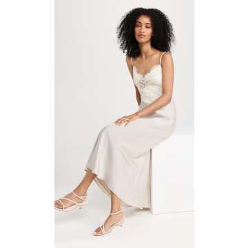 WAYF Women's Lace Trim Slip Dress, Pewter, Off White, L