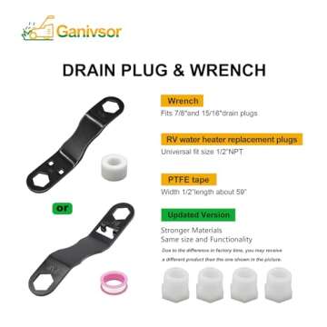 Ganivsor RV Water Heater Drain Plug & Wrench Kit, for RV Camper Water Heater Drain Plugs- Suitable for 7/8" &15/16" Drain Plugs with 4PK 1/2" NPT Replacement Plugs, 1 Roll PTFE Tape and Angled Wrench