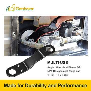 Ganivsor RV Water Heater Drain Plug & Wrench Kit, for RV Camper Water Heater Drain Plugs- Suitable for 7/8" &15/16" Drain Plugs with 4PK 1/2" NPT Replacement Plugs, 1 Roll PTFE Tape and Angled Wrench
