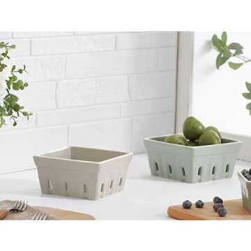 ONEMORE Ceramic Berry Basket, Square Fruit Bowls, Rustic Stoneware Berry Colander Set of 2, 5.7 inch...