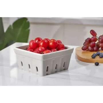 ONEMORE Ceramic Berry Basket, Square Fruit Bowls, Rustic Stoneware Berry Colander Set of 2, 5.7 inch, Gray & Light Green