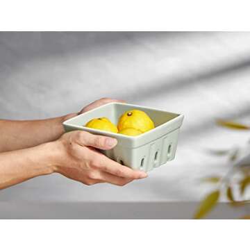 ONEMORE Ceramic Berry Basket, Square Fruit Bowls, Rustic Stoneware Berry Colander Set of 2, 5.7 inch, Gray & Light Green