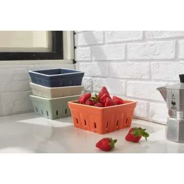 ONEMORE Ceramic Berry Basket, Square Fruit Bowls, Rustic Stoneware Berry Colander Set of 2, 5.7 inch, Gray & Light Green