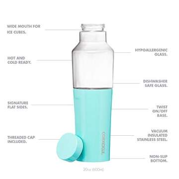 Corkcicle Hybrid Canteen, Glass Water Bottle With an Insulated Stainless Steel Twist, Prism White, 20 oz