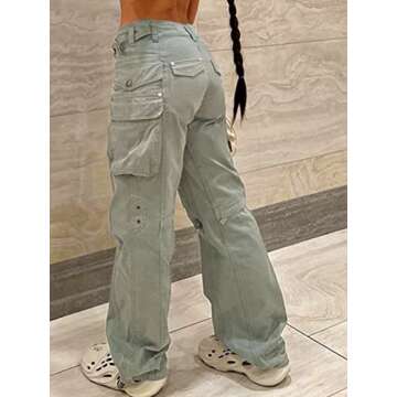 KMBANGI Women Baggy Cargo Pants Low Waist Wide Leg Sweatpants Casual Drawstring Loose Pocket Joggers Trousers Hippie Streetwear(Pocket Gray,S)