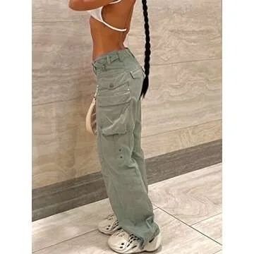 KMBANGI Women Baggy Cargo Pants Low Waist Wide Leg Sweatpants Casual Drawstring Loose Pocket Joggers Trousers Hippie Streetwear(Pocket Gray,S)