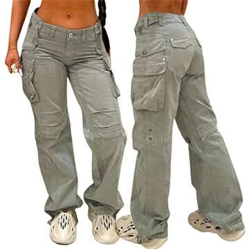 KMBANGI Women Baggy Cargo Pants Low Waist Wide Leg Sweatpants Casual Drawstring Loose Pocket Joggers Trousers Hippie Streetwear(Pocket Gray,S)