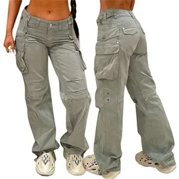 KMBANGI Women Baggy Cargo Pants Low Waist Wide Leg Sweatpants Casual Drawstring Loose Pocket Joggers Trousers Hippie Streetwear(Pocket Gray,S)