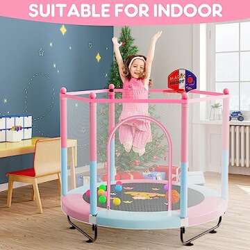 60" Trampoline for Kids, 5 FT Toddler Baby Trampoline with Safety Enclosure Net, Indoor or Outdoor Pink/Blue Small Trampolines with Basketball Hoop, Birthday Gifts for Kids, Gifts for Girl Age 3-8