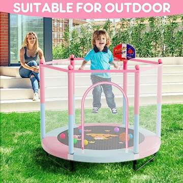 60" Trampoline for Kids, 5 FT Toddler Baby Trampoline with Safety Enclosure Net, Indoor or Outdoor Pink/Blue Small Trampolines with Basketball Hoop, Birthday Gifts for Kids, Gifts for Girl Age 3-8