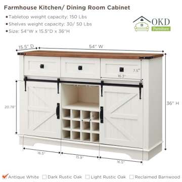 OKD Farmhouse Wine Bar Cabinet w/Sliding Barn Door, 54" Kitchen Coffee Bar Cabinet w/Wine & Glass Ra...