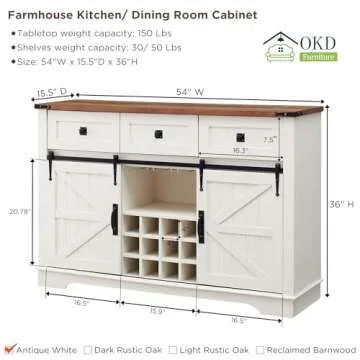 OKD Farmhouse Wine Bar Cabinet w/Sliding Barn Door, 54" Kitchen Coffee Bar Cabinet w/Wine & Glass Ra...