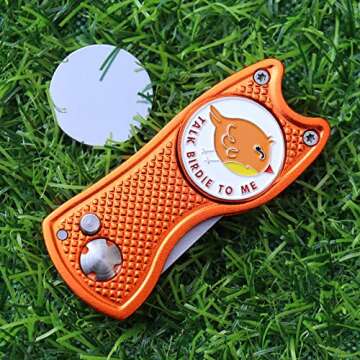 CoverMay Foldable Golf Divot Repair Tool and Golf Ball Markers Set (Orange Repair Tool-Birdie Marker...