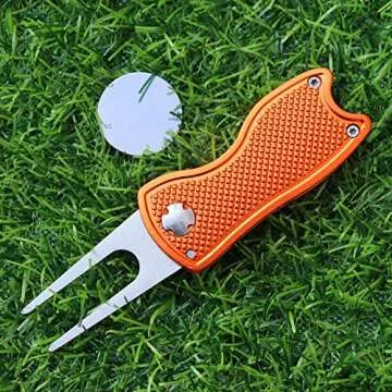 CoverMay Foldable Golf Divot Repair Tool and Golf Ball Markers Set (Orange Repair Tool-Birdie Marker)