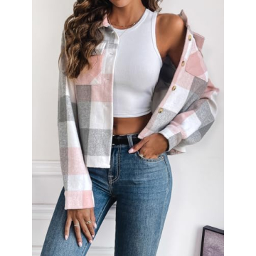 Stylish Zeagoo Women's Cropped Flannel Plaid Shacket Jacket for All Seasons