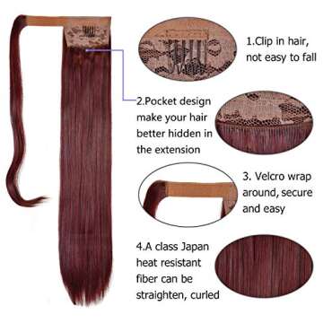 FESHFEN 24" Long Straight Wrap around Ponytail Extensions Synthetic Clip in Ponytail Hair Extensions Hairpiece for Women 130g(4# Darkest Brown)