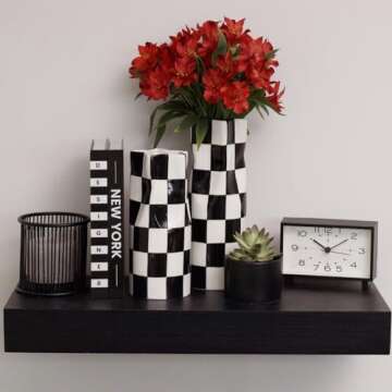 Reimagine Discovery Small Checkered Vase, Modern Home Decor, Decorative Ceramic Flower Vase, Aesthetic Black & White Room Decor for Office, Bedroom, Living Room (8” Tall)