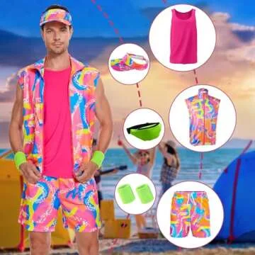 KBJALQ 80S 90S Workout Costume Halloween Costumes for Adult Mens Cosplay Outfits Swimwear Suit With Sun Hat (XL)