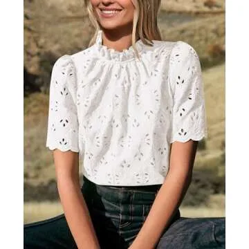 PRETTYGARDEN Summer Tops for Women 2025 Trendy Short Sleeve Eyelet Embroidered Dressy Casual Blouse ...