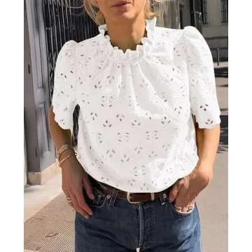 PRETTYGARDEN Summer Tops for Women 2025 Trendy Short Sleeve Eyelet Embroidered Dressy Casual Blouse Shirts (White,Medium)