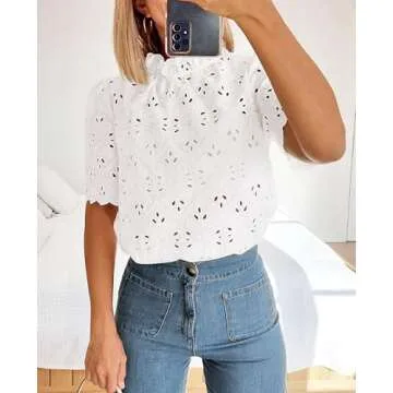 PRETTYGARDEN Summer Tops for Women 2025 Trendy Short Sleeve Eyelet Embroidered Dressy Casual Blouse Shirts (White,Medium)