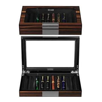 Lifomenz Co Wood Pen Box 10 Pen Organizer Box,Glass Storage Box with Lid,Top Glass Window Pen Collection Display Case