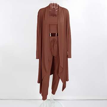 Cosygal Women's Crop Top Cardigan Jogger Pants Tank Coat Three Piece Outfits Sets Brown Medium