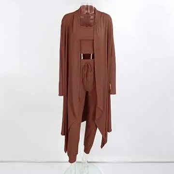 Cosygal Women's Crop Top Cardigan Jogger Pants Tank Coat Three Piece Outfits Sets Brown Medium