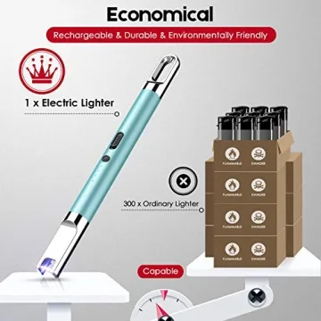 Candle Lighter Electric Lighter with Battery Display and Safety Switch USB Rechargeable Lighter for Candle Cooking BBQ and Fireworks Aluminum Case & Hanging Hook Plasma Lighter Arc Lighter (Blue)