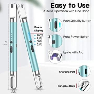 Candle Lighter Electric Lighter with Battery Display and Safety Switch USB Rechargeable Lighter for Candle Cooking BBQ and Fireworks Aluminum Case & Hanging Hook Plasma Lighter Arc Lighter (Blue)