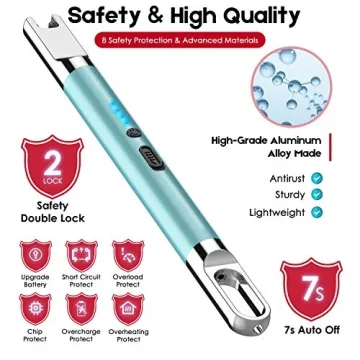 Candle Lighter Electric Lighter with Battery Display and Safety Switch USB Rechargeable Lighter for Candle Cooking BBQ and Fireworks Aluminum Case & Hanging Hook Plasma Lighter Arc Lighter (Blue)