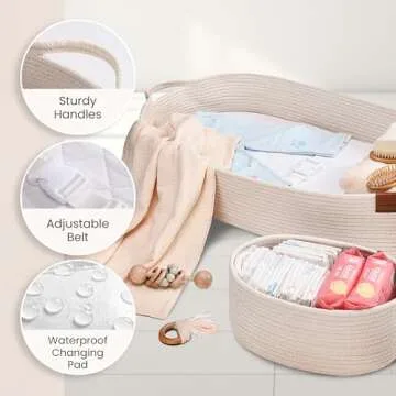 Baby Changing Basket for Baby Dresser, Moses Basket for Babies, Cotton Rope Diaper Changing Basket, Unisex Baby Moses Basket, Foam Diaper Changing Pad for Dresser, Changing Table Topper for Dresser
