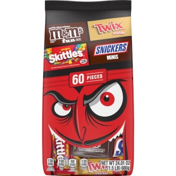 60 Ct Variety Pack of M&M's, SNICKERS, SKITTLES & TWIX Halloween Candy