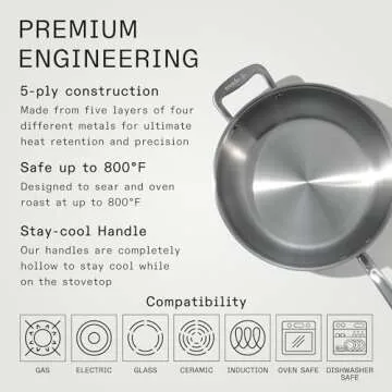 Made In Cookware - 5 Quart Stainless Steel Saucier Pan - 5 Ply Stainless Clad - Professional Cookware - Crafted in Italy - Induction Compatible