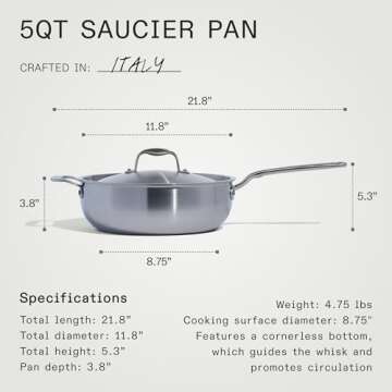 Made In Cookware - 5 Quart Stainless Steel Saucier Pan - 5 Ply Stainless Clad - Professional Cookware - Crafted in Italy - Induction Compatible